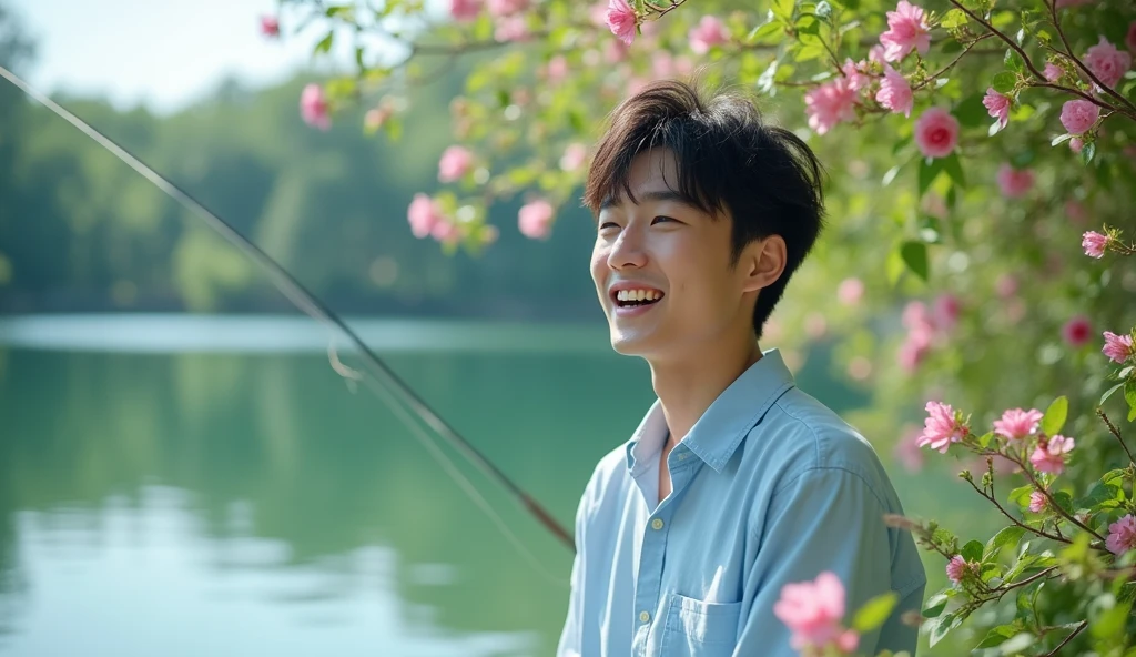 A Japanese male college student wearing a stylish light blue shirt is fishing while looking at the lake with a bright expression,Excited, Photo of your face, Beautiful flowers blooming in the natural background, with a natural look, With a slightly tired look, tilt your face a little, Diagonal orientation, Average face