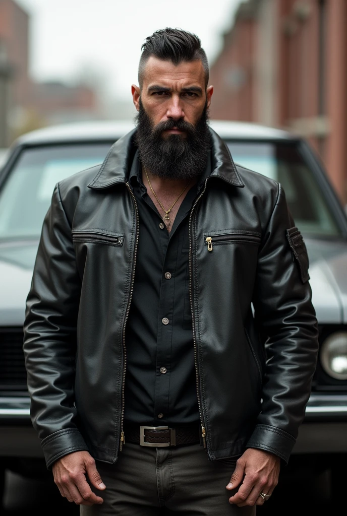 Man in leather jacket, black full beard, shaved hair on the sides and short on top, in front of a matte black 1978 Ford Maverick