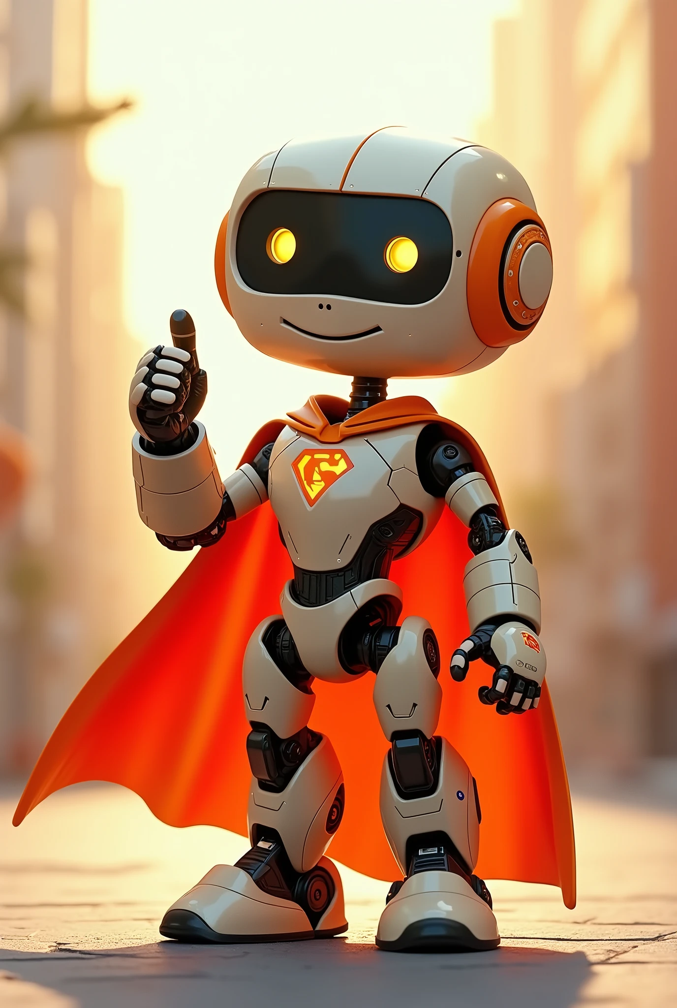 Friendly robot with superhero cape giving thumbs up 

