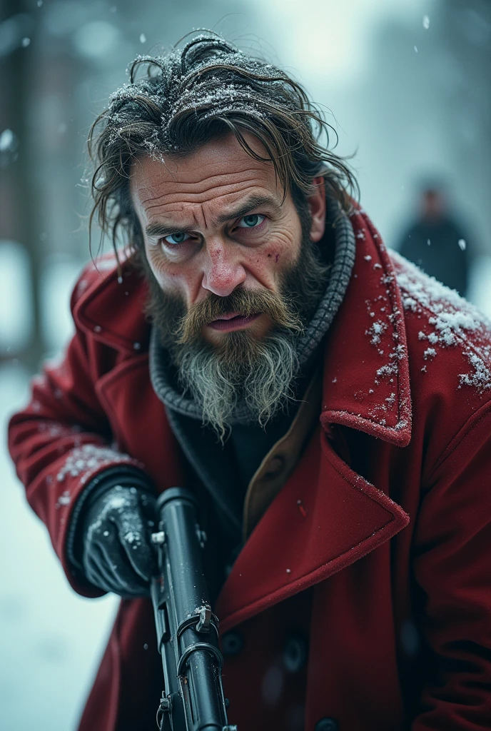 (( masterpiece ))), (((Highest quality))), ((Very detailed)), (photograph), ((Very delicate and headsome) ),high resolution, one men, 20 year, (detailedeyes), (detailed facial features), (Detailed weapons), (detailed fingers), (Leg details), (eyes visible through hair), ((drunk eyes)), (Compelling :1.2), (toothless smile),(((fuller lips))), (snow scene),(upperbody),red tailcoat, ((Dappled Light)),((film grain)), ((Single lens reflex camera)), ((35mm lens focal length) new man, with a gun pointed, Heavy breathing, zombie apocalypse survivor.