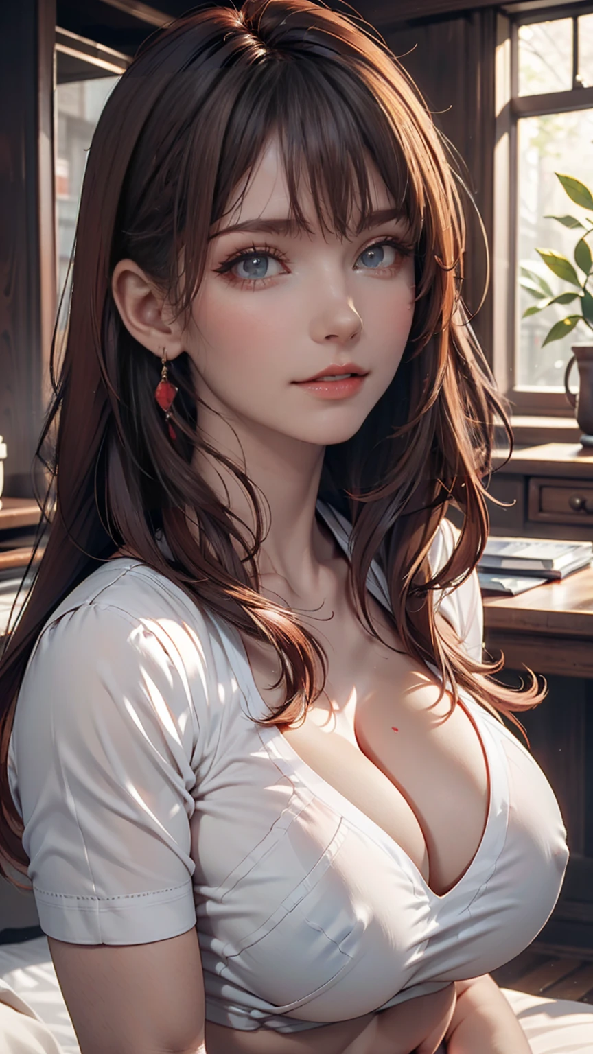 Very detailed、Seductive erotic woman, A shirt that fits snugly against the skin, (Big Breasts, My chest is so big that it tears my shirt, Redhead), Focus on the face, Focus on the face, Complex eyes,