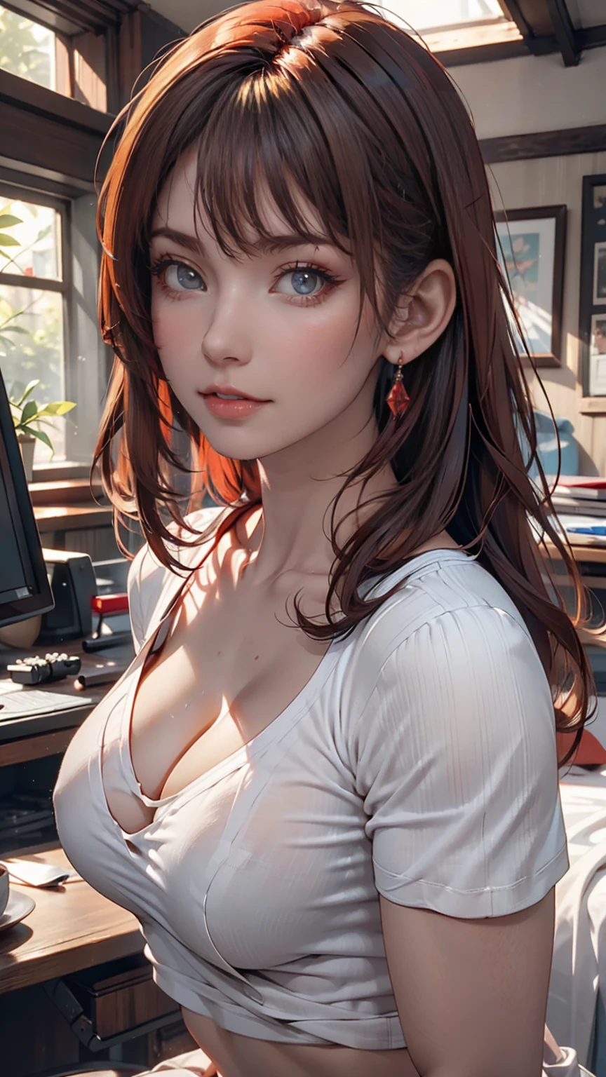 Very detailed、Seductive erotic woman, A shirt that fits snugly against the skin, (Big Breasts, My chest is so big that it tears my shirt, Redhead), Focus on the face, Focus on the face, Complex eyes,