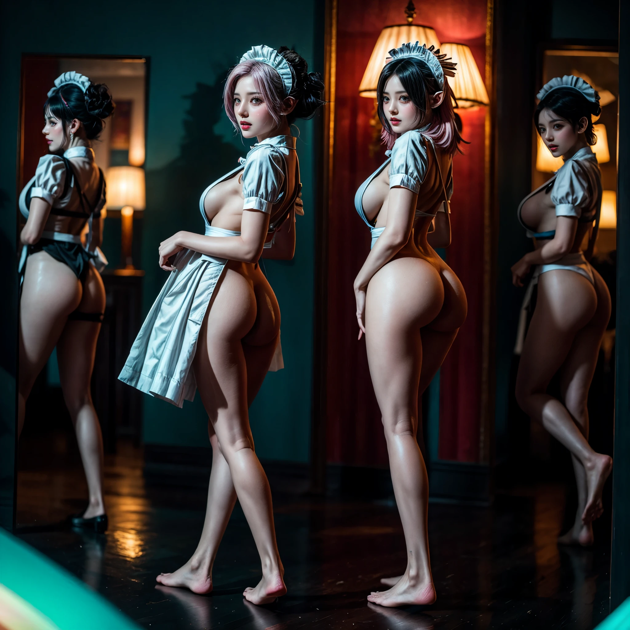 (Full Body of Extremely Detailed((Sexy Maid Group in a row:1.37))), KAWAII perfect face, Reflective Eyes, Detailed(Delicate Clothing textures), Correct Bewitching Leg Line, Dynamic Joyful Expressions LifeLike Rendering, Specular Reflection, TopQuality 8K Ultra-detailed masterpiece (ProfessionalPhoto:1.37), (Acutance:0.8), (Luminism:1.28), Renaissance art style, Colorful Light particles, ((Full body from side)), {MicroMini Skirt|Kissing|Undressing|Thigh Gap|Roundly Cute AssFocus|(NakedApron with SideBoob)}, Radiant Fine Skin with Transparency, (Exposed:0.4), {Pink Hair|LightBlue Hair|Platinum Blonde|Pure White Hair|Liquid Hair}, Perfect Lighting