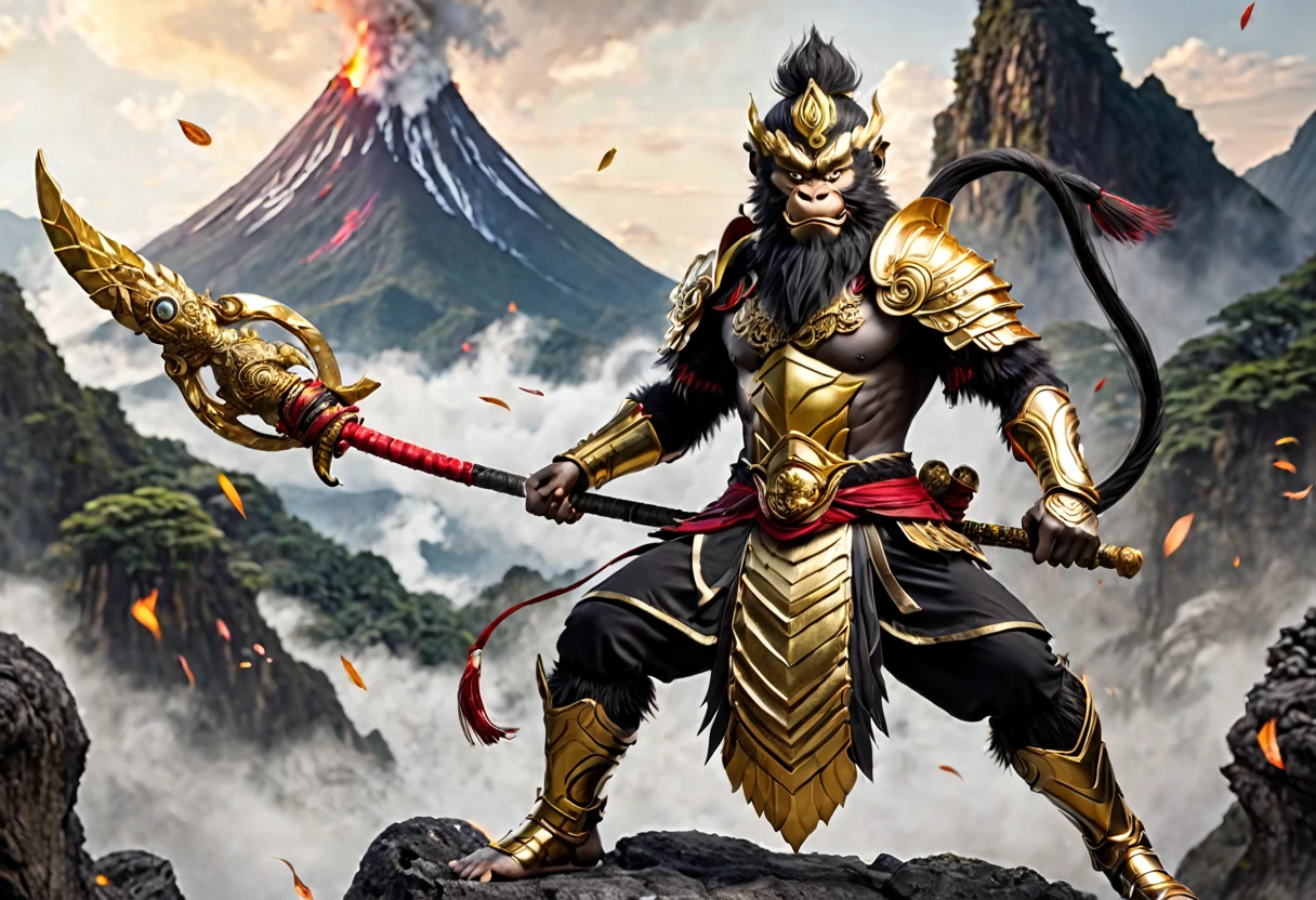 (Black Myth Wukong) son of Monkey king (long lush black body hair, ornate golden armor, powerful build, carefree face, mystic quarter staff), tripping a stone giant and laughing, volcano