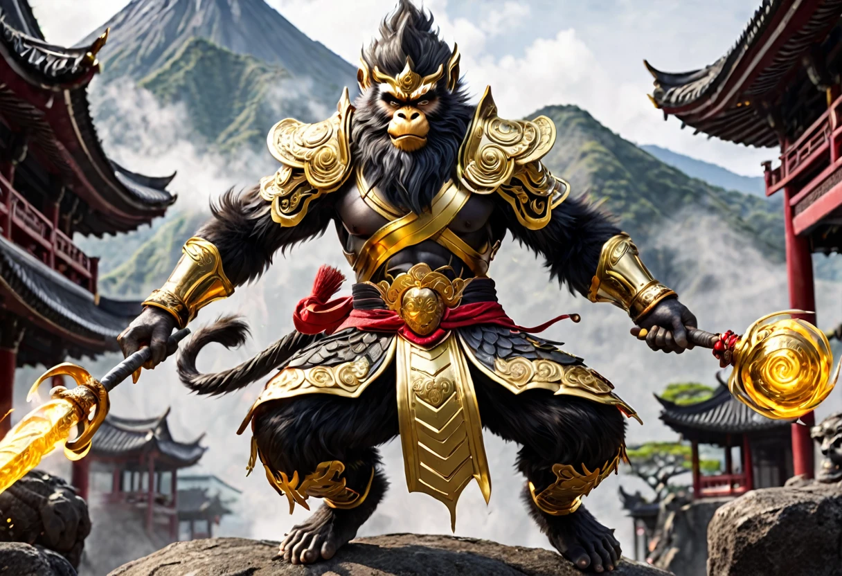 (Black Myth Wukong) son of Monkey king (long lush black body hair, ornate golden armor, powerful build, carefree face, mystic quarter staff),  tripping a stone giant and laughing, volcano