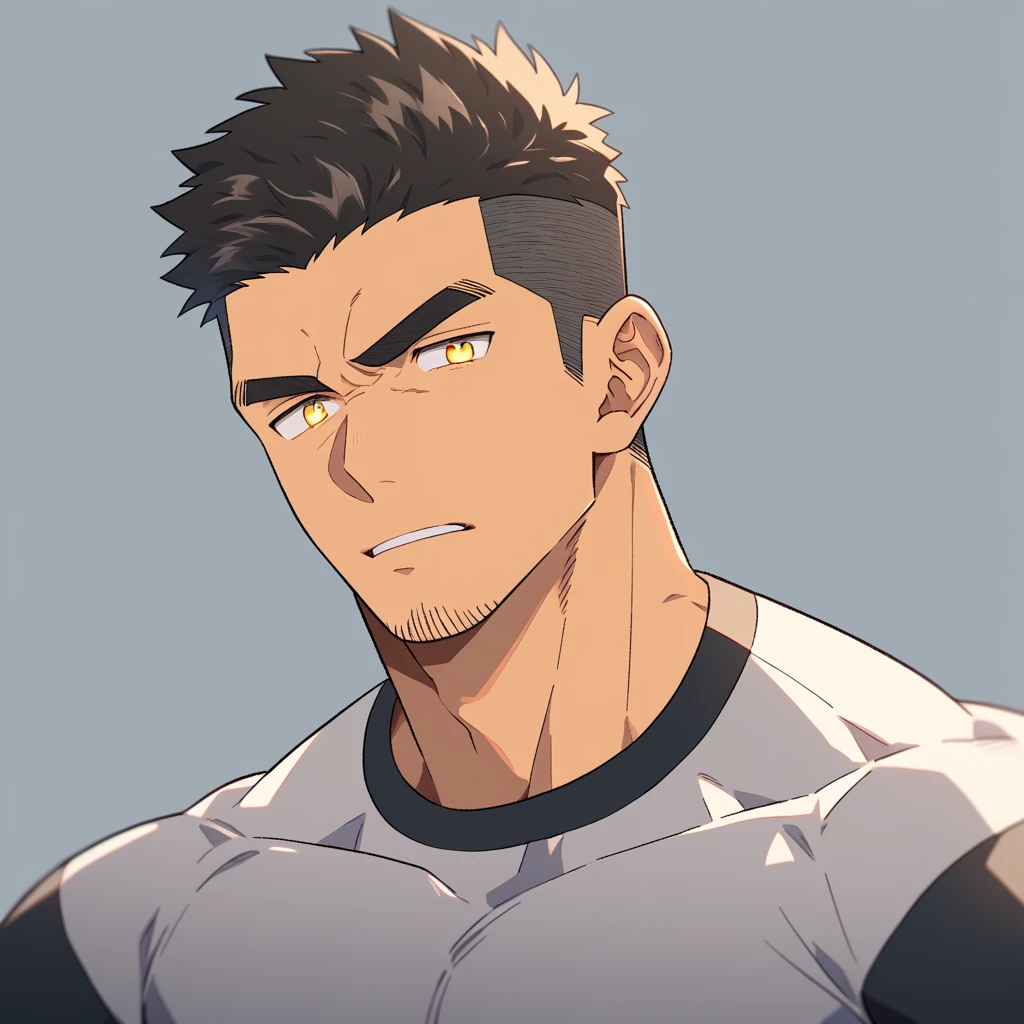 anime characters:Priapus, Muscle Sports Student, negro black skin, 1 dark skin muscular tough guy, Manliness, male focus, Light yellow high collar long sleeve tight T-shirt, Very tight, Round, full and perky chest muscles, muscular male, muscular, only, Upper body, alone, Black short hair, His hair stood up, Thick eyebrows, stubble, Yellow eyes, Grey background, simple background, amazing quality, best aesthetics, Ridiculous, bright pupils, crew cut, parted lips, frown, angry, negative space, best quality