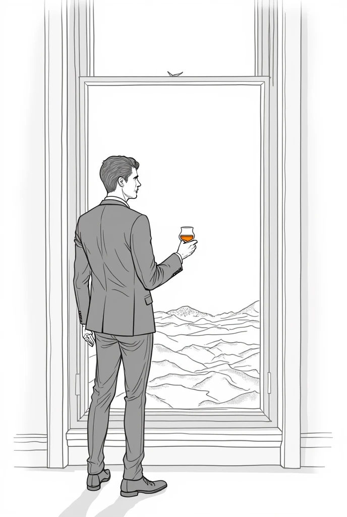 Line drawing, strip, a man looking at the landscape from the window of his luxury apartment with a glass of whiskey in his hand, He's wearing a black suit