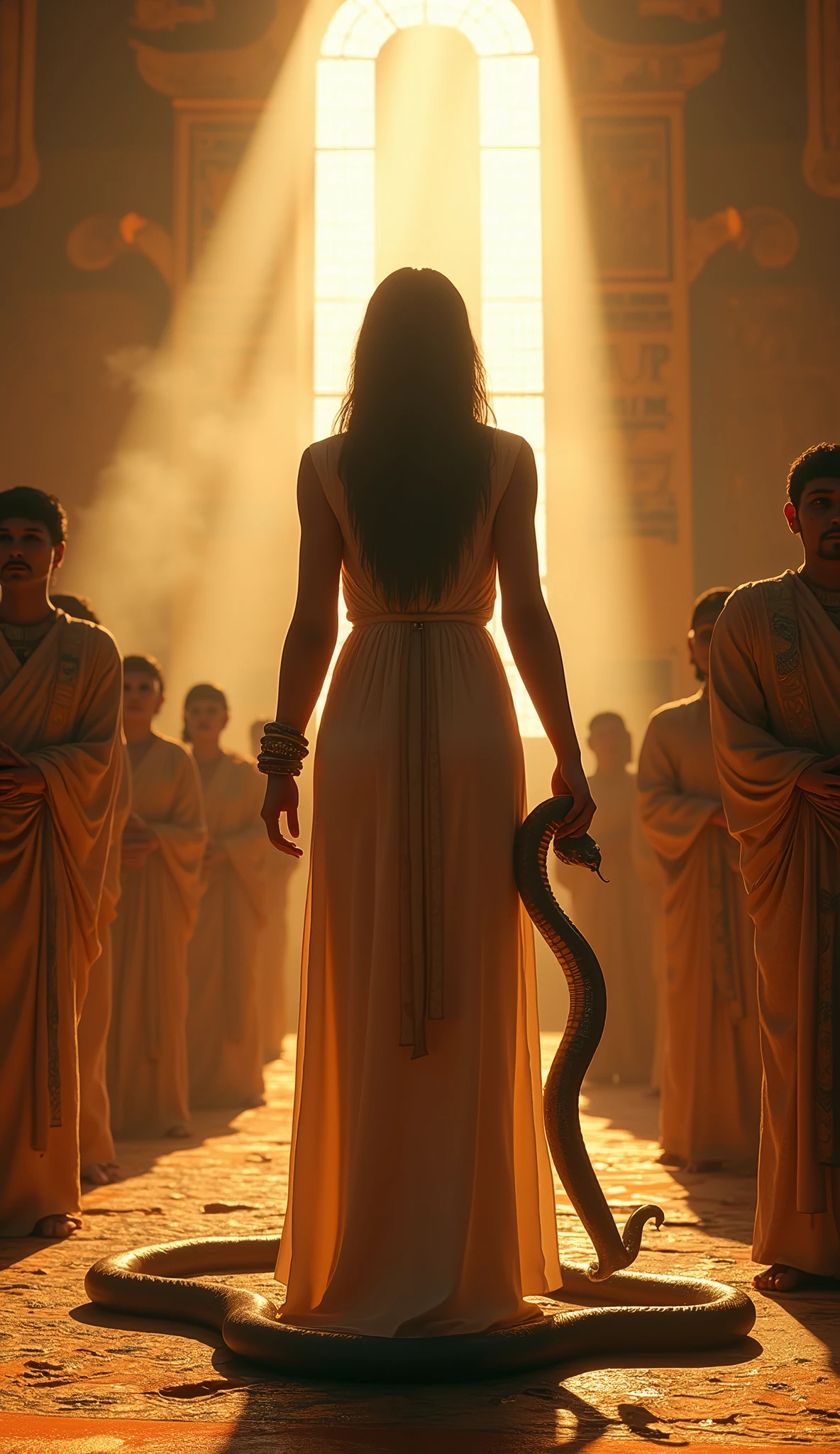 Close-up shot, Low angle shot, (An ancient Egyptian ritual scene with Cleopatra at the center, preparing for her final act. She is surrounded by priests and priestesses, all dressed in traditional robes, performing sacred rites. The room is filled with the smoke of incense, creating a mystical haze. Golden light filters through the high windows, illuminating Cleopatra’s serene expression as she holds The serpent, an asp with smooth, iridescent scales.) unreal engine, cinematic, hyper-real, highly detailed, Ultra realistic HD --q 2 --v 6.1 --ar 9:16