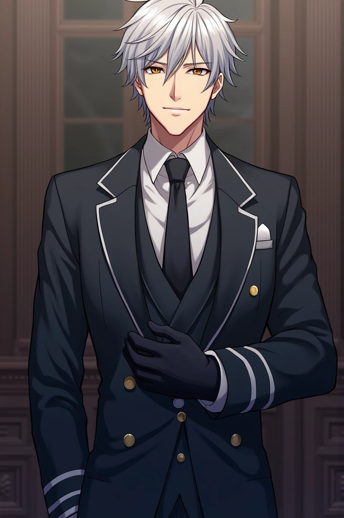 anime style character, handsome adult man, He wears a formal uniform and always has gloves on., gray hair and brown eyes, tall and with a little muscle