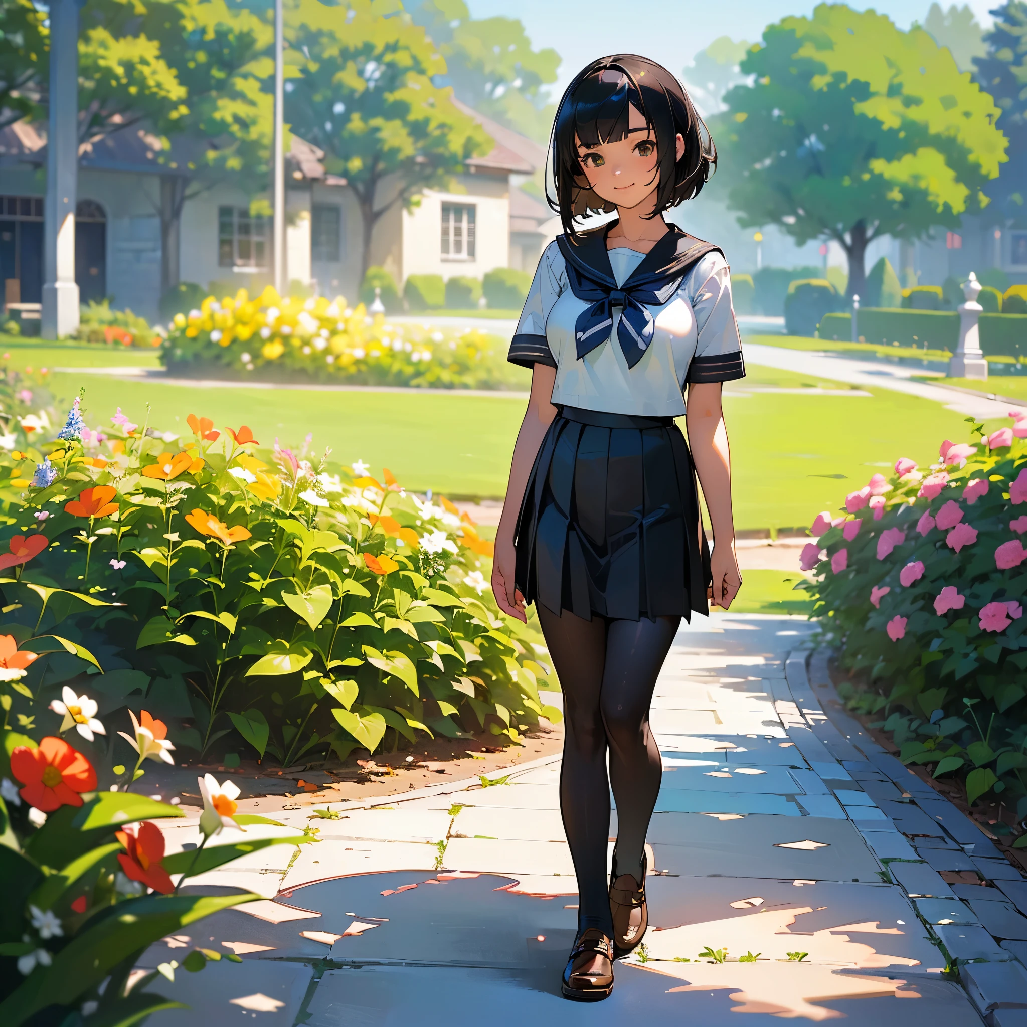 (Highest quality, High resolution, Super detailed, Realistic:1.37), Peaceful atmosphere, (Outdoor, garden), Teenage girl standing alone,(my breasts are big.),Beautifully detailed features, Cute Smile, ((Black bob hair)),Short-sleeved sailor uniform, Pleated skirt,Black tights,Brown leather shoes.