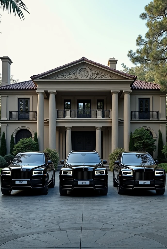 A fortuner,lc300 and rolls Royce all cars black in colour with background of a big villa