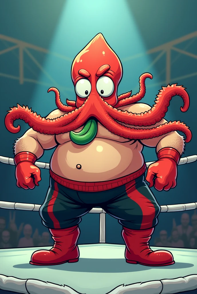 in a wrestling ring.
Cartoon squid body. Cartoon squid face. Cartoon squid arms. Cartoon squid hands. Cartoon squid legs.
Green tongue. Chunky. Hairy body
Red wrestling boots. Black pants with red stripe down the sides.