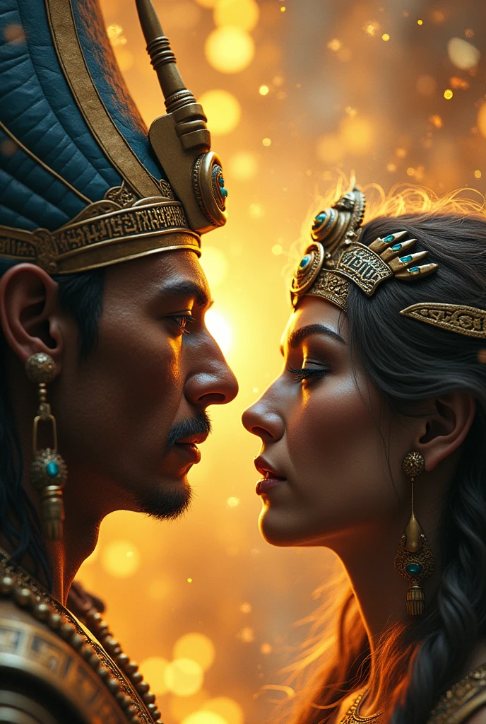 Create an image of Shu and Tefnut from Egyptian mythology interacting, emphasizing their complementary roles in maintaining the universe. Use stunning gradient colors and a detailed background. Apply best quality, masterpiece, realistic, and absurdres settings.