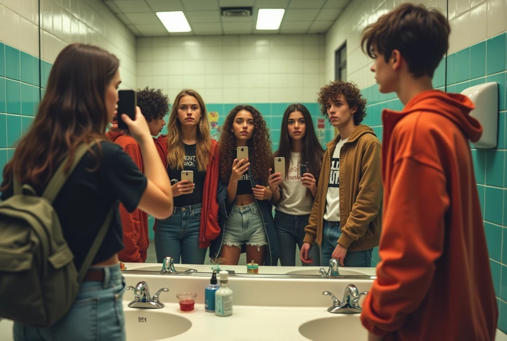 In the toilet at the shopping mall、With friends dressed in skater clothes、ager taking a selfie with mobile phone in front of mirror.