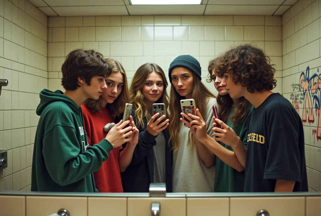 In the toilet at the shopping mall、With friends dressed in skater clothes、r taking a selfie with mobile phone in front of mirror.