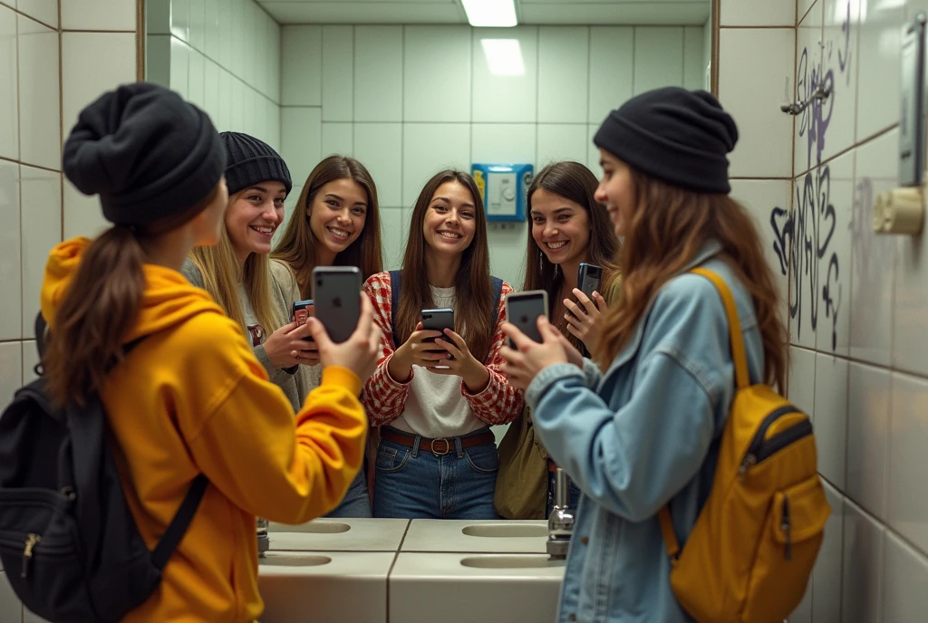 In the toilet at the shopping mall、With friends dressed in skater clothes、r taking a selfie with mobile phone in front of mirror.