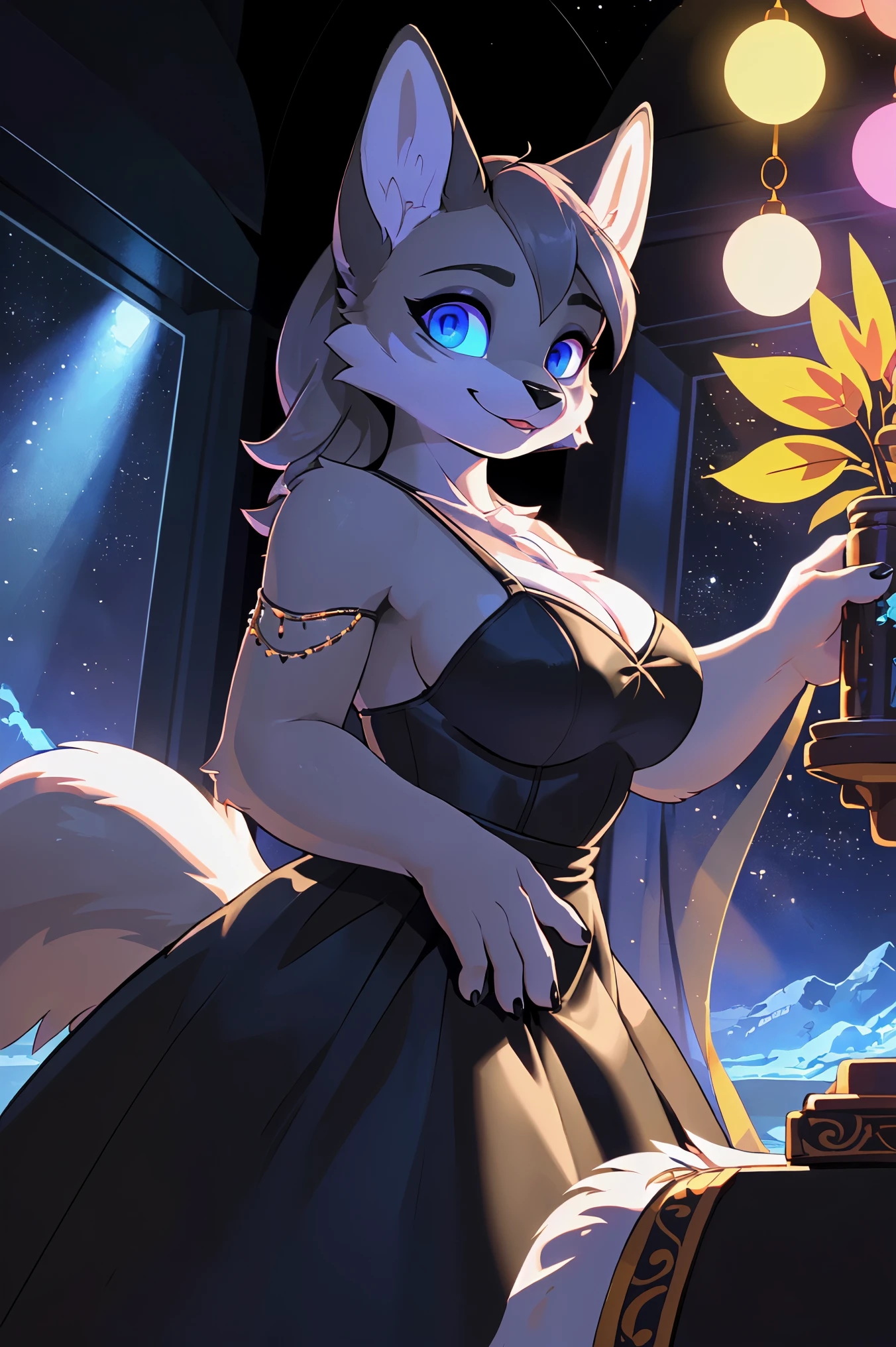 (Best Quality, of the highest quality, Intricate, High resolution, 8k, anthropomorphic sexy beautiful, furry, uploaded_in_e621:1.4), (furry:1.2), negro/White skin, cola, colors elemints in fur, big breasts, dress, destiny, (Grey BodyCin Dress:1.2), standing, inactive pose, very happy, beautiful view below, to throw, close up, beautiful lights and shadows, luz ambiintal, ultra-decorated fur, volumetric light, (extreme decolaed eye's:1.4)