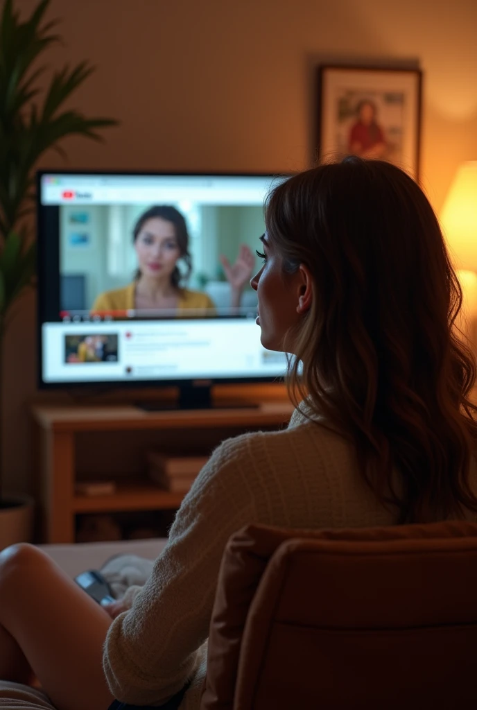An image of a woman watching YouTube and the screen showing that she is watching YouTube can be seen
