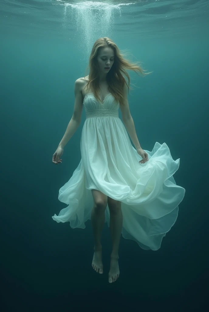 woman in a white dress floating in the ocean., floating drown, drowned, water manipulation photoshop, inspired by Brooke Shaden, Water art manipulation, drowning, surreal digital artwork, floating underwater in a lake, submerged in water, by Kurt Roesch, surreal water art, Brooke Shaden detailed, in an underwater horror scene, floating underwater