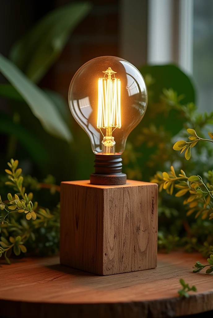 Wooden block lamp, with carbon filament lamp, on top of a table, with foliage. 