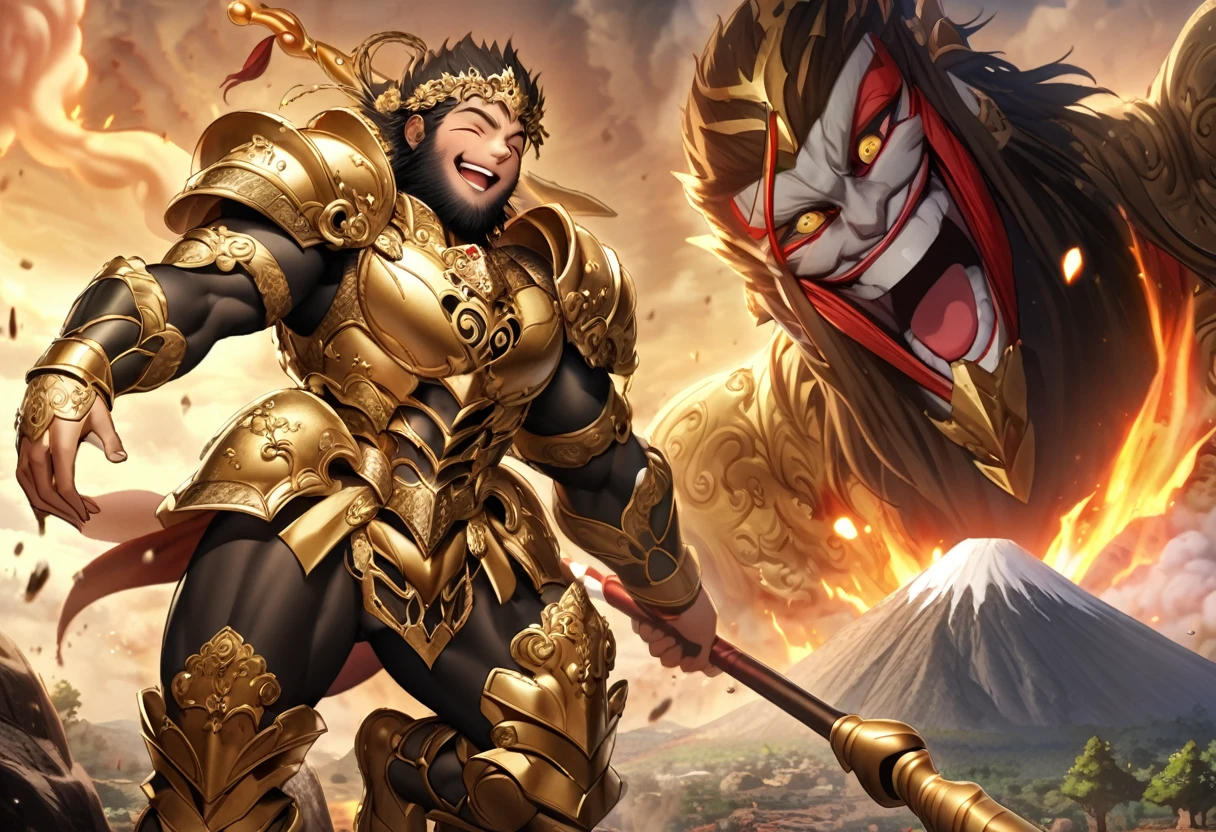 (Black Myth Wukong) son of Monkey king (long lush black body hair, ornate golden armor, powerful build, carefree face, mystic quarter staff), tripping a stone giant and laughing, volcano