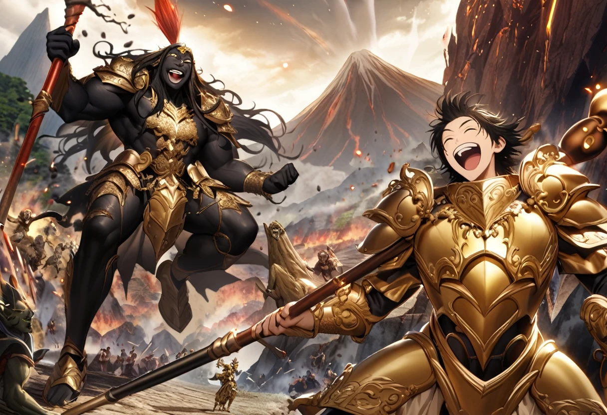 (Black Myth Wukong) son of Monkey king (long lush black body hair, ornate golden armor, powerful build, carefree face, mystic quarter staff), tripping a stone giant and laughing, volcano
