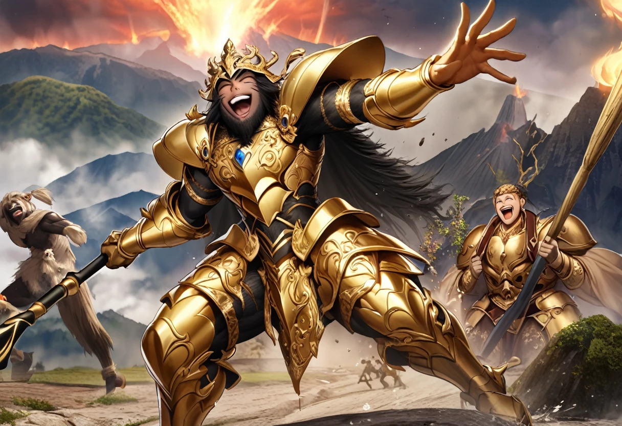 (Black Myth Wukong) son of Monkey king (long lush black body hair, ornate golden armor, powerful build, carefree face, mystic quarter staff), tripping a stone giant and laughing, volcano