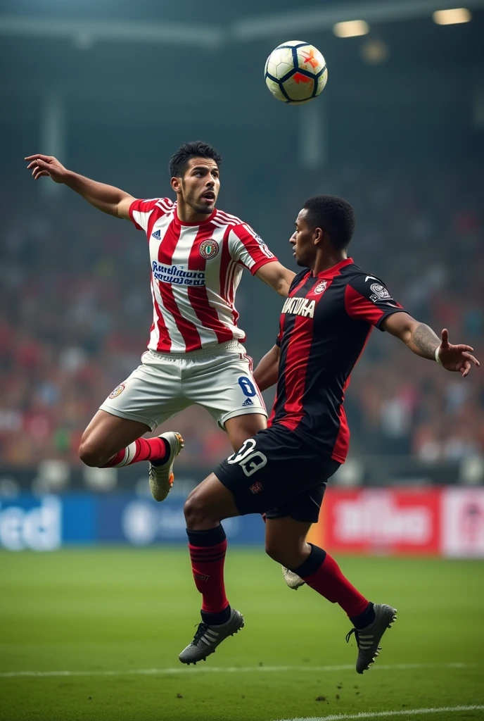 "A hyper-realistic full-body scene on a soccer field during an intense match between Club Guadalajara and Atlas. The camera captures the moment just as a player from Club Guadalajara, dressed in their iconic red and white striped jersey, leaps into the air to contest a high ball. His expression is focused, with determination in his eyes as he stretches to reach the ball. Opposing him, a player from Atlas, in his black and red kit, also jumps, his muscles tense as he tries to block the shot. The grass on the field is lush and slightly worn from the intensity of the match, and the stadium lights cast a bright glow on the players, creating realistic shadows and highlights on their uniforms and faces. The background shows a blurred crowd, their excitement palpable, but the focus remains sharply on the players as they fight for control of the ball. Every detail, from the sweat on their foreheads to the texture of the ball, is captured with sharpness and realism, emphasizing the high stakes of this critical moment in the game."