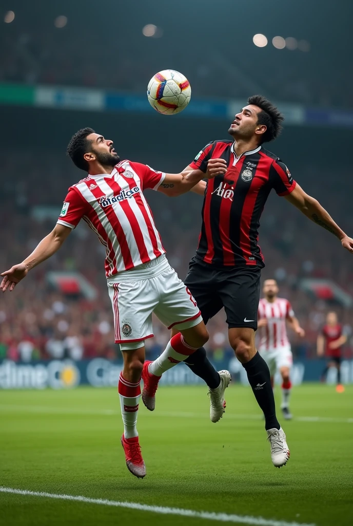 "A hyper-realistic full-body scene on a soccer field during an intense match between Club Guadalajara and Atlas. The camera captures the moment just as a player from Club Guadalajara, dressed in their iconic red and white striped jersey, leaps into the air to contest a high ball. His expression is focused, with determination in his eyes as he stretches to reach the ball. Opposing him, a player from Atlas, in his black and red kit, also jumps, his muscles tense as he tries to block the shot. The grass on the field is lush and slightly worn from the intensity of the match, and the stadium lights cast a bright glow on the players, creating realistic shadows and highlights on their uniforms and faces. The background shows a blurred crowd, their excitement palpable, but the focus remains sharply on the players as they fight for control of the ball. Every detail, from the sweat on their foreheads to the texture of the ball, is captured with sharpness and realism, emphasizing the high stakes of this critical moment in the game."