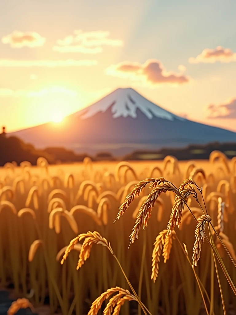 Inada, Swaying golden ears of rice,autumn's,Wind,masterpiece,evening,mt.fuji,4K,real