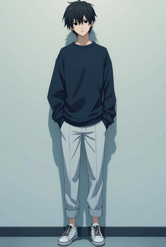 The image is anime style although somewhat dark and adult., A 2 man appears in it. He is standing in front of a white wall, He looks almost turned, almost completely on his back, He has medium-long hair and dark black eyes.. He appears serious and calculating.. He is wearing a very dark blue oversized sweater and white pants.. He also wears completely white sneakers with no details and black laces..