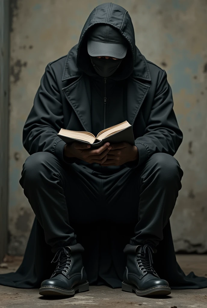 Tall, black-skinned man, wearing black surgical mask, Black cap, Black jacke, black pants and black boots, is writing diary and is crying
