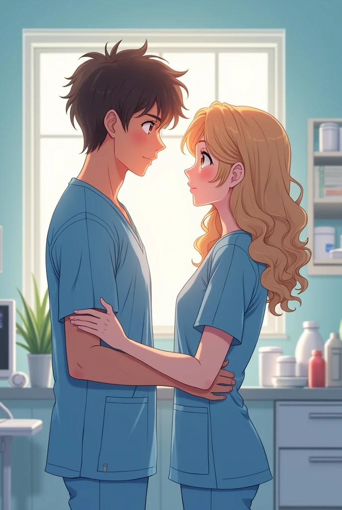 Man with short curly hair and woman with curly hair couple of anime professional nurses