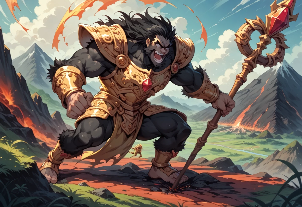 (Black Myth Wukong) son of Monkey king (long lush black body hair, ornate golden armor, powerful build, carefree face, mystic quarter staff), tripping a stone giant and laughing, volcano
