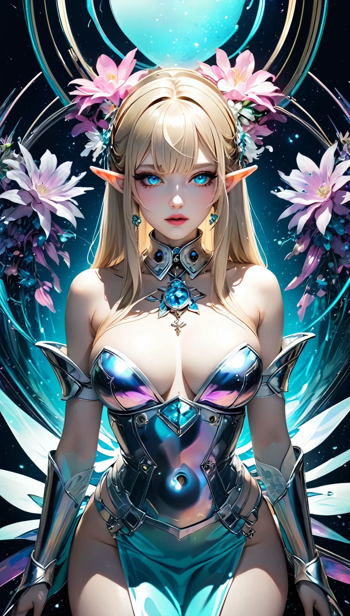 fantasy world that combines flower-punk and gem-punk, beauty elf, blonde silky straight hair with blunt bang, (attractive and seductive) and (amorous and ) expression, blue big eyes, glamorous proportions, wearing white knight commander costume with a large opening at the , background iridescent Tiffany Blue, distorted space from another dimension, conceptual installation art, (ultra detailed, absolutely resolution, best quality:1.3), 2.5D, delicate and dynamic effects, foggy filter effects, iridescent glitter effects, artistic, hyper, graphic CG digital fantasy art