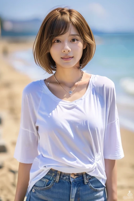 ( girl, best quality, tabletop, 8k, highest quality, award-winning), beautiful, (white oversized t-shirt:1.1), (wide denim:1.5), (standing gracefully:1.1), (full body shot from head to toe:1.5), (long legs:1.3), most detailed and perfect face, realistic, ((realistic natural orange red hairstyle, realistic blue eyes)), (short bob hair:1.5), (necklace:1.5), (extremely long stockings:1.2), , (please look at me with your best smile:1.5), seaside background in Okinawa, brightly lit face, ultra-high resolution beauty face, ultra-high resolution perfect beautiful teeth, ultra-HD hair, (beautiful skin that stands out in ultra-high resolution:1.1), ultra-high quality glossy lips, (very bright and vivid:1.1), (precise anatomy:1.1)