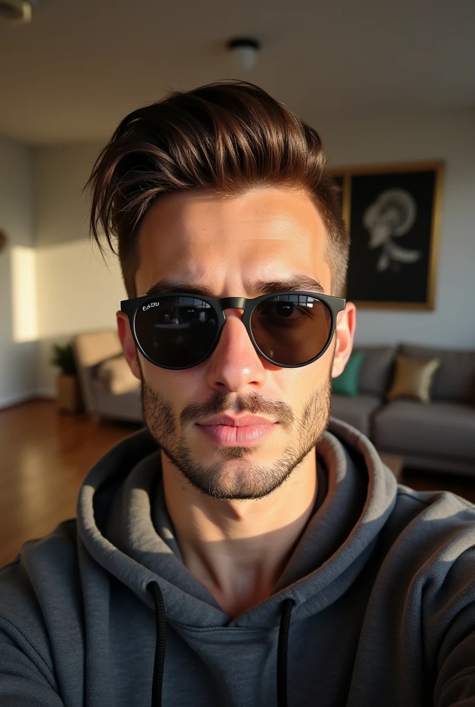 A handsome guy  wore sunglasses selfie in home 