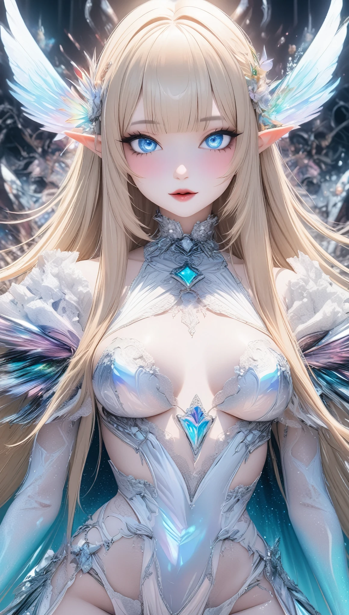 fantasy world that combines flower-punk and gem-punk, beauty elf, blonde silky straight hair with blunt bang, (attractive and seductive) and (amorous and lewd) expression, blue big eyes, glamorous proportions, wearing white knight commander costume with a large opening at the chest, background iridescent Tiffany Blue, distorted space from another dimension, conceptual installation art, (ultra detailed, absolutely resolution, best quality:1.3), 2.5D, delicate and dynamic effects, foggy filter effects, iridescent glitter effects, artistic, hyper, graphic CG digital fantasy art