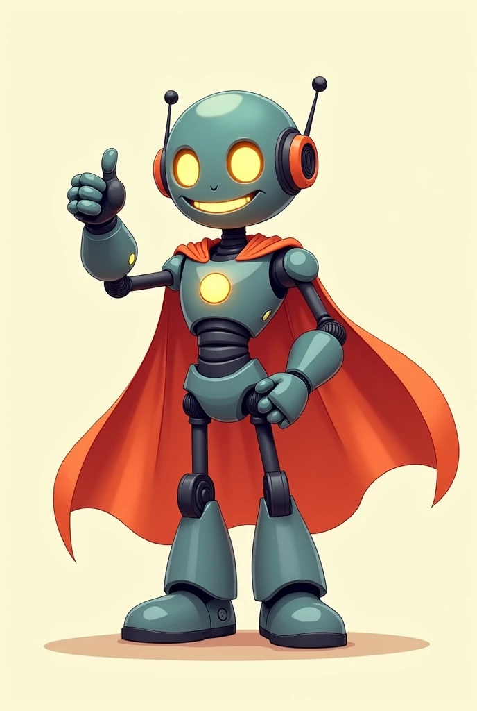 Friendly robot with superhero cape waving thumbs up with no background