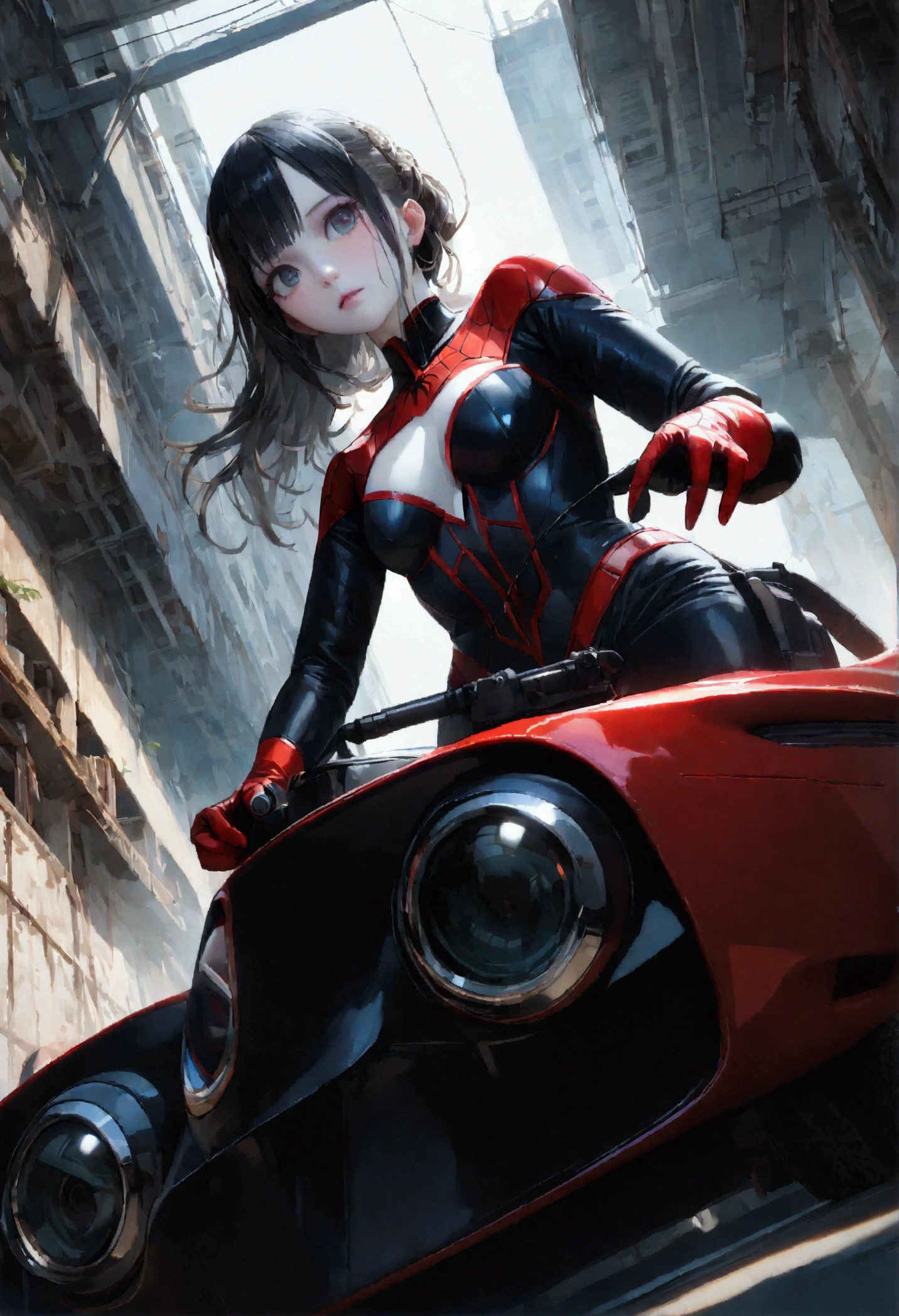 (1 girl:1.3), alone, (((detailed faceมาก))),(((ดวงตาและdetailed faceมาก))),beautiful detailed eyes,body parts__, official art, All-in-one 8k wallpaper, Superb details, beautiful and aesthetic, beautiful, Masterpiece, best quality, raw, Masterpiece, ภาพถ่ายbeautifulมาก, best quality, Ultra high resolution, Photorealism, sunlight, full figure, incredible beauty,, dynamic gesture, delicate face, bright eyes, (from the front), She wears a Spiderman costume., Red and black color scheme, spider, Highly detailed abandoned warehouse background, detailed face, The background is detailed and complex, not empty, tangle, beautiful, milky white, Highly detailed skin, realistic skin details, visible pores, Sharp focus, Volumetric mist, 8k uh, dslr, High quality, Film texture, white skin, Photo realism, Lomography, A great metropolis in a dystopian future., Seen from below., translucent, woman, driving a futuristic car, futuristic city background, blue-black color tone, Put on the headset
