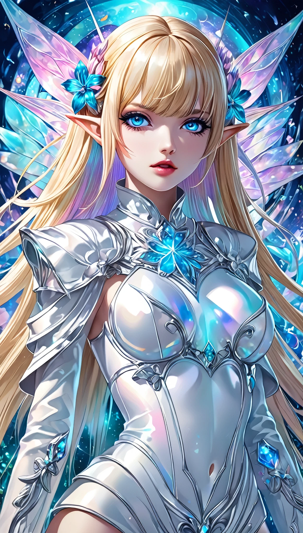 fantasy world that combines flower-punk and gem-punk, beauty elf, blonde silky straight hair with blunt bang, (attractive and seductive) and (amorous and lewd) expression, blue big eyes, glamorous proportions, wearing white knight commander costume with a large opening at the chest, background iridescent Tiffany Blue, distorted space from another dimension, conceptual installation art, (ultra detailed, absolutely resolution, best quality:1.3), 2.5D, delicate and dynamic effects, foggy filter effects, iridescent glitter effects, artistic, hyper, graphic CG digital fantasy art