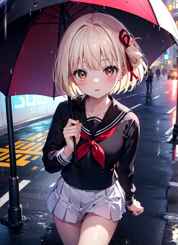 Nishikigi chisato, short hair, bangs, Blonde, (Red eyes:1.5), Hair Ribbon, One side up, Bobcut,smile,blush,Open your mouth,Black Sailor Suit,Black pleated mini skirt,Black pantyhose,Brown Loafers,walk,On the way to school,Holding the umbrella grip with both hands,rain,Cloudy,Wet road surface,whole bodyがイラストの中に入っていくように,
break outdoors, Residential Street,
break looking at viewer, whole body,
break (masterpiece:1.2), Highest quality, High resolution, unity 8k wallpaper, (shape:0.8), (Fine and beautiful eyes:1.6), Highly detailed face, Perfect lighting, Highly detailed CG, (Perfect hands, Perfect Anatomy),