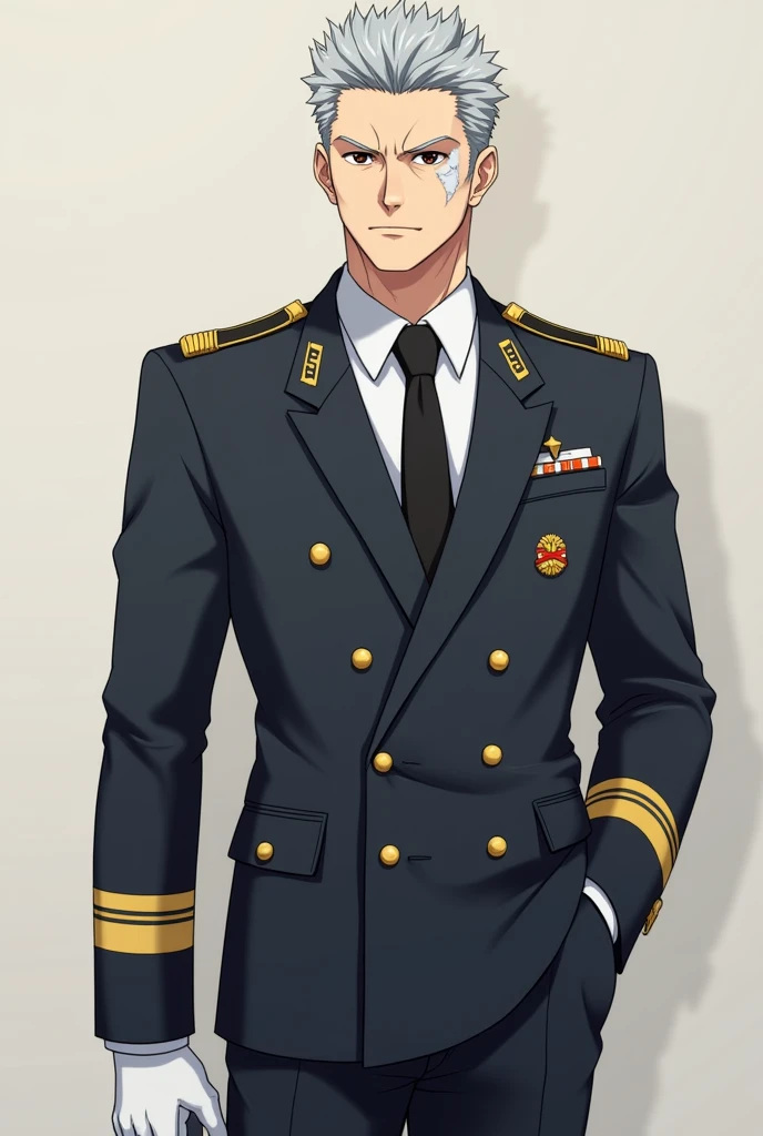 anime style character, handsome adult man, He wears a formal uniform and always has gloves on., gray hair and brown eyes, tall and with a few muscles, about 3, very masculine with a scar on his left eye