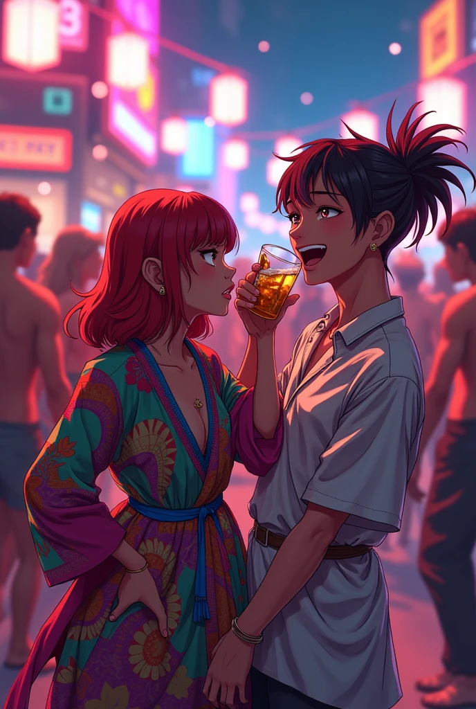 Create an Image of Rochy RD and Martin Lora at a Party with Ganga Clothes Drinking and Dancing in Anime for GTA San Andreas