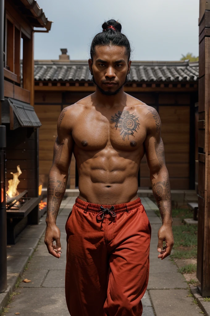 black male, with black hair in a samurai bun, honey brown eyes, with tattoos of invocation symbols all over their bodies, like demonic sigils. It is common to walk around with red pants and no shirt and accompanied by a Fire Salamander., with a cover full of sigils.
