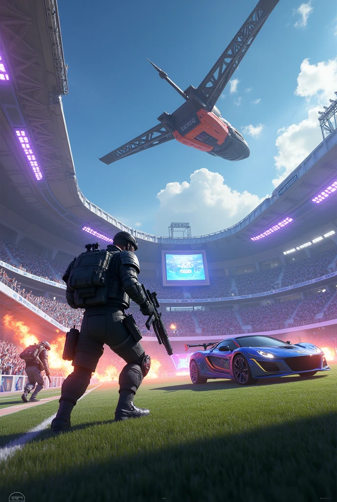 Generate a gaming picture about Call of Duty and Rocket League combined in the stadium Fennec instead of tank