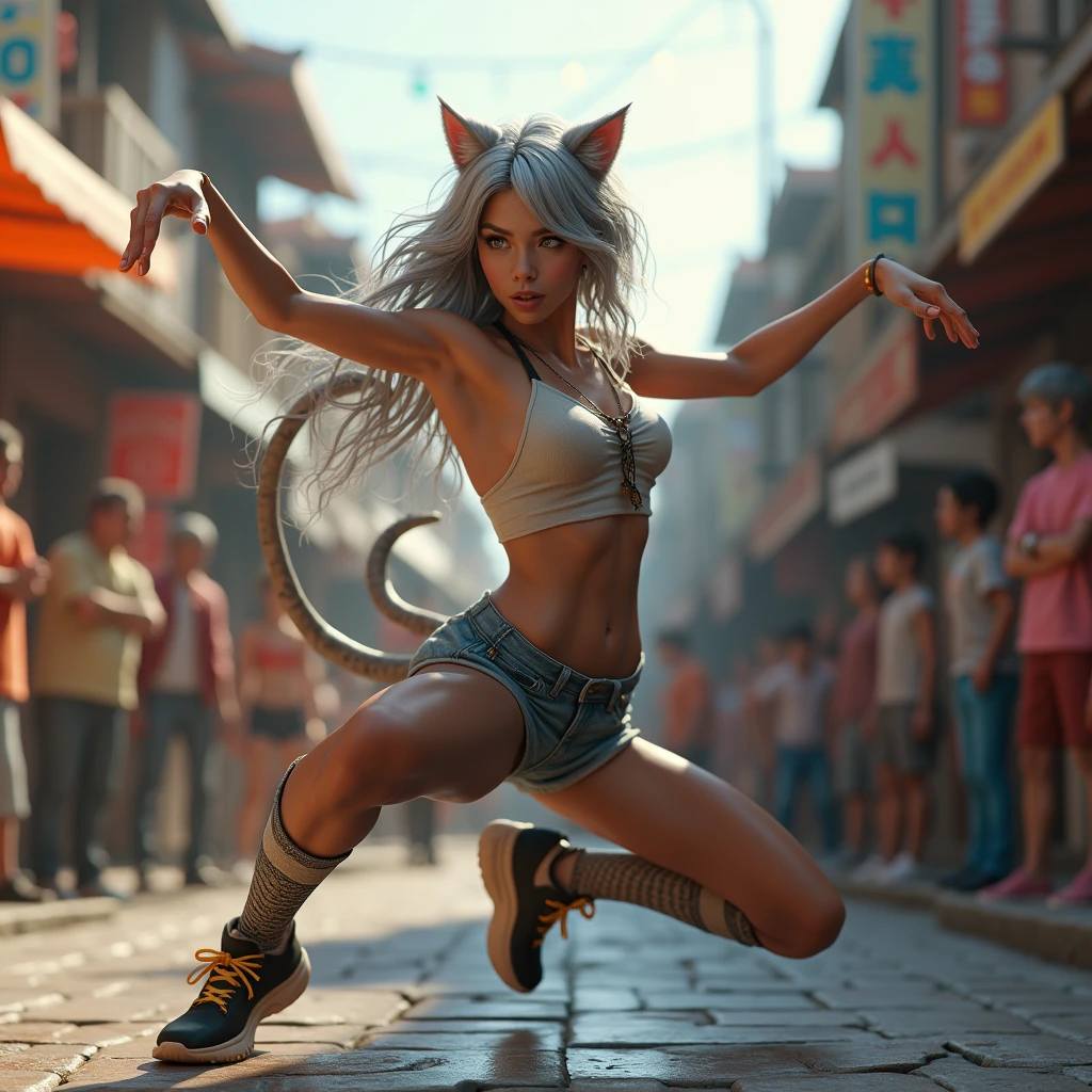 A female dancer surrounded by spectators in the street、She has long silver hair and cat ears.、Breakdancing in anime style。In the precise details expressed in 3D rendering、With the addition of cartoon-like elements、Her movements are powerful、It is beautifully drawn。