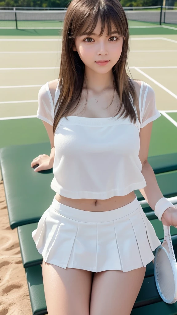 Neat and clean high school girl、((((White silk camisole showing her bare chest、White panties))))、Outside the stadium、(slim)、Realistic、detailed, Skin Texture, 超detailed、Delicate and sexy collarbone、A sloppy smile、スーバーdetailedな顔、detailed唇、detailedな目、Small breasts、Small breasts、、Small breasts、Flat Chest、Accentuate your breasts、Bright Face、((Are standing、スカートからWhite pantiesが見えている、Lift the hem of your skirt slightly with both hands..,,)), Short hair with bangs、Straight Bob Hair、Angle from quite a top、、、(((Dark sunburn、Tanned brown skin、Black skin color)))、(Dark brown skin:1.)、((Leaning forward with hands on knees))