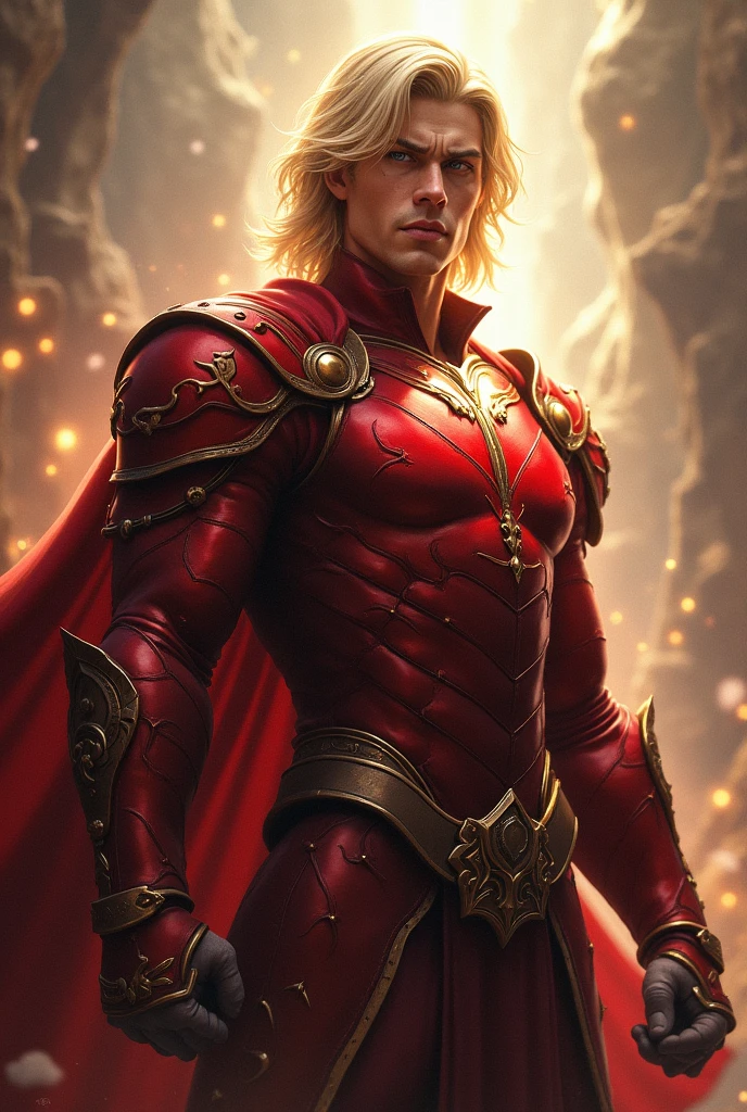 Create a blond-haired man with red armor who emanates an aura