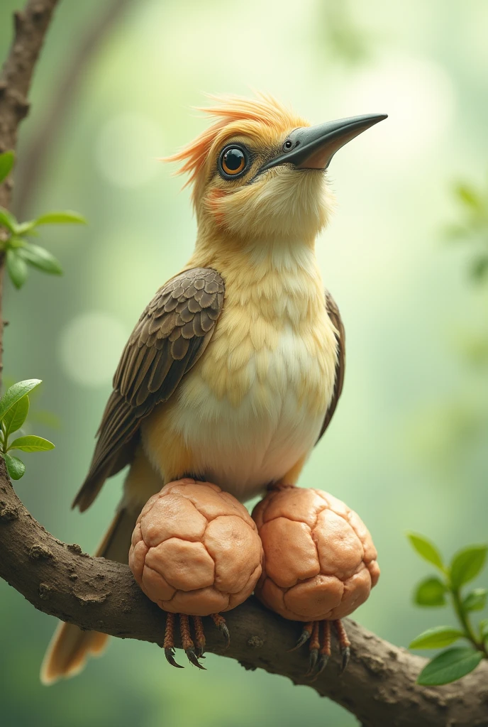 A small bird with two large balls of bird skin underneath it